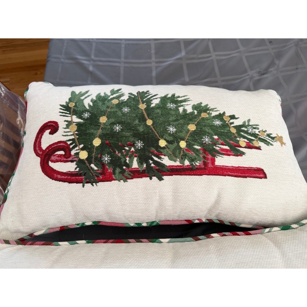 Set of 2 Vintage Red Sled & Plaid Reversible Christmas Lumbar Throw Pillows